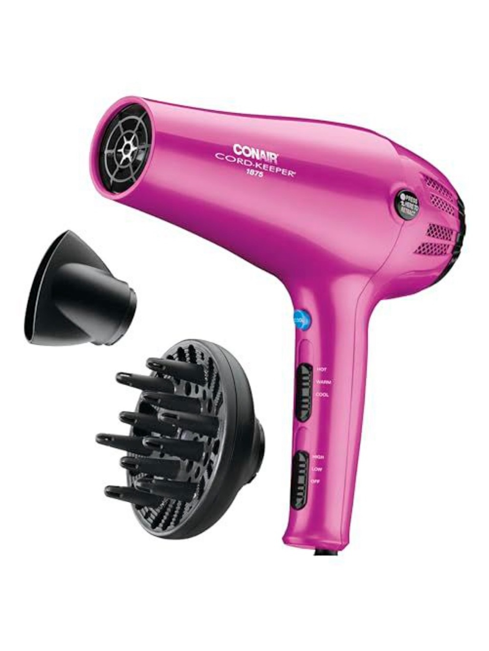 Conair Cord-Keeper 1875 Pink Hair Dryer with Diffuser & Nozzle